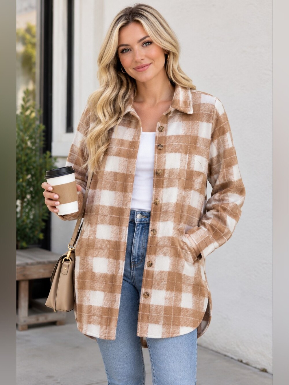 Plaid Shirt Jacket - Tan in Brown & White.